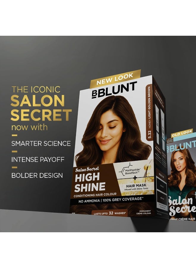 BBLUNT Salon Secret High Shine Conditioning Hair Colour With MaliPeptide BondTechto reduce breakage| Honey Light Golden Brown 5.32 | No Ammonia 100% Grey Coverage | Long Lasting Colour |Salon at home 130g - Image 4